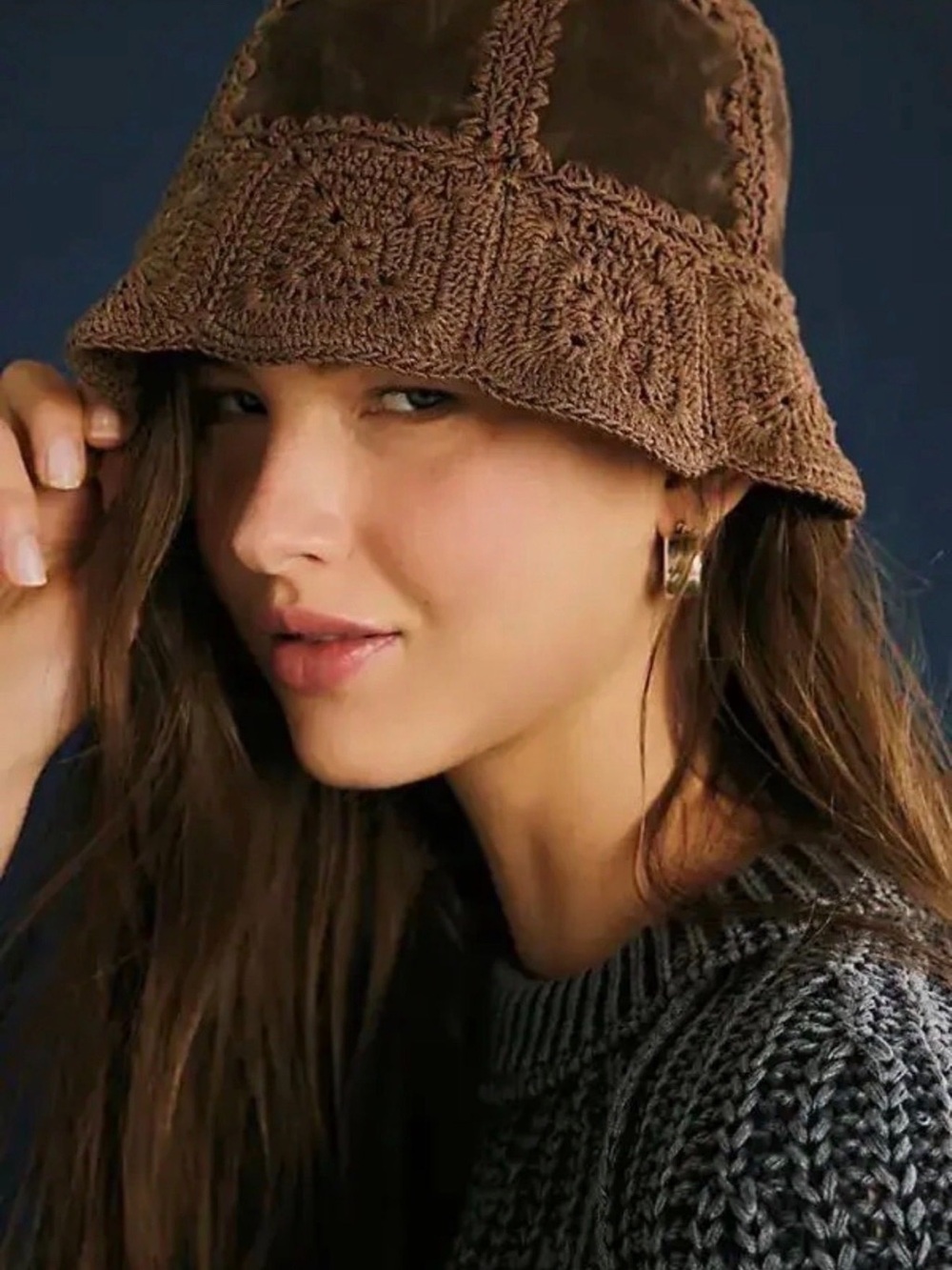 Free People Brown Crochet Bucket Hat
